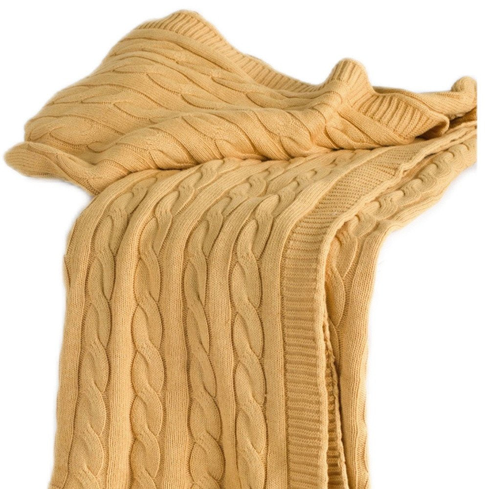 50" X 60" Yellow Cotton Cable Knitted Throw Throw Blanket HomeRoots