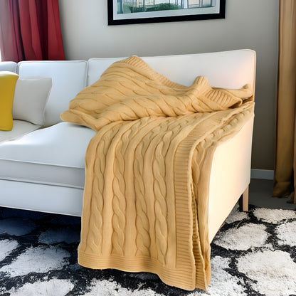 50" X 60" Yellow Cotton Cable Knitted Throw Throw Blanket