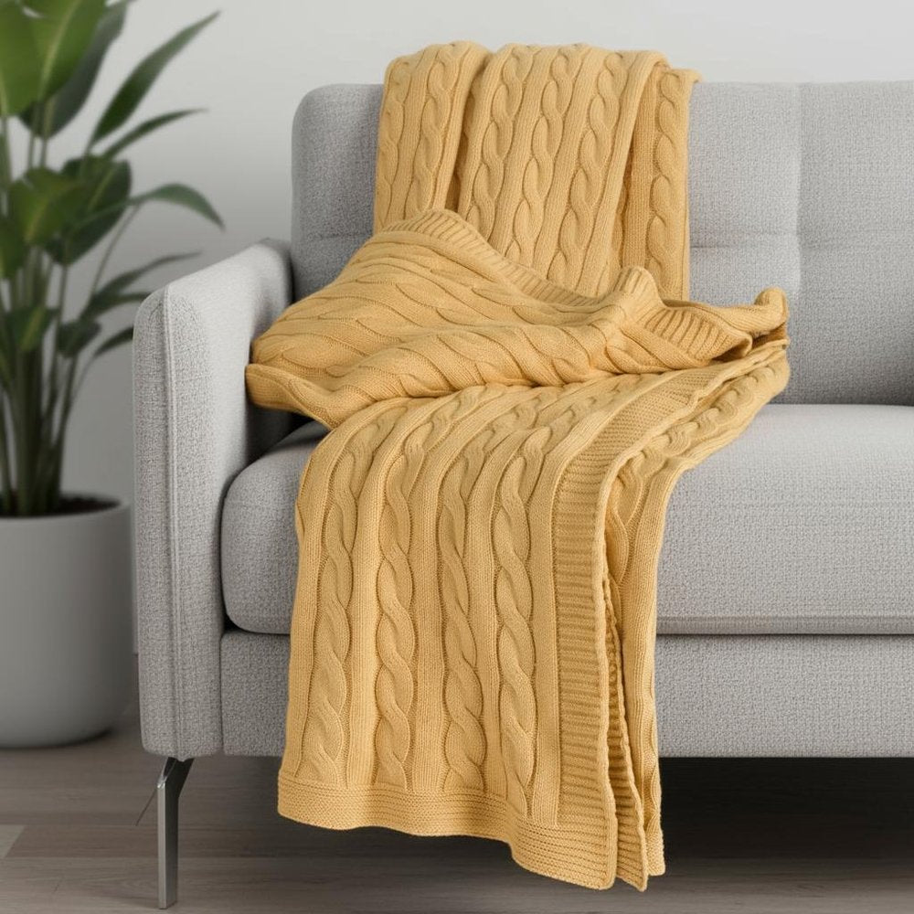 50" X 60" Yellow Cotton Cable Knitted Throw Throw Blanket HomeRoots