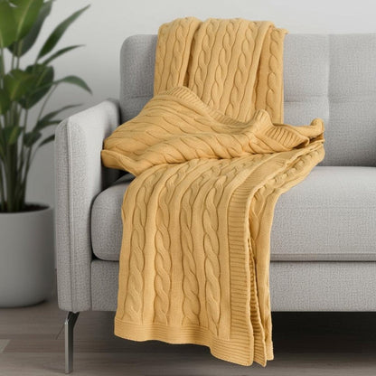 50" X 60" Yellow Cotton Cable Knitted Throw Throw Blanket HomeRoots