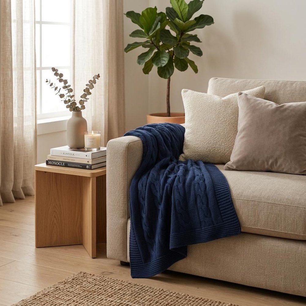 Blue Knitted 100% Cotton Throw Blanket — view 6