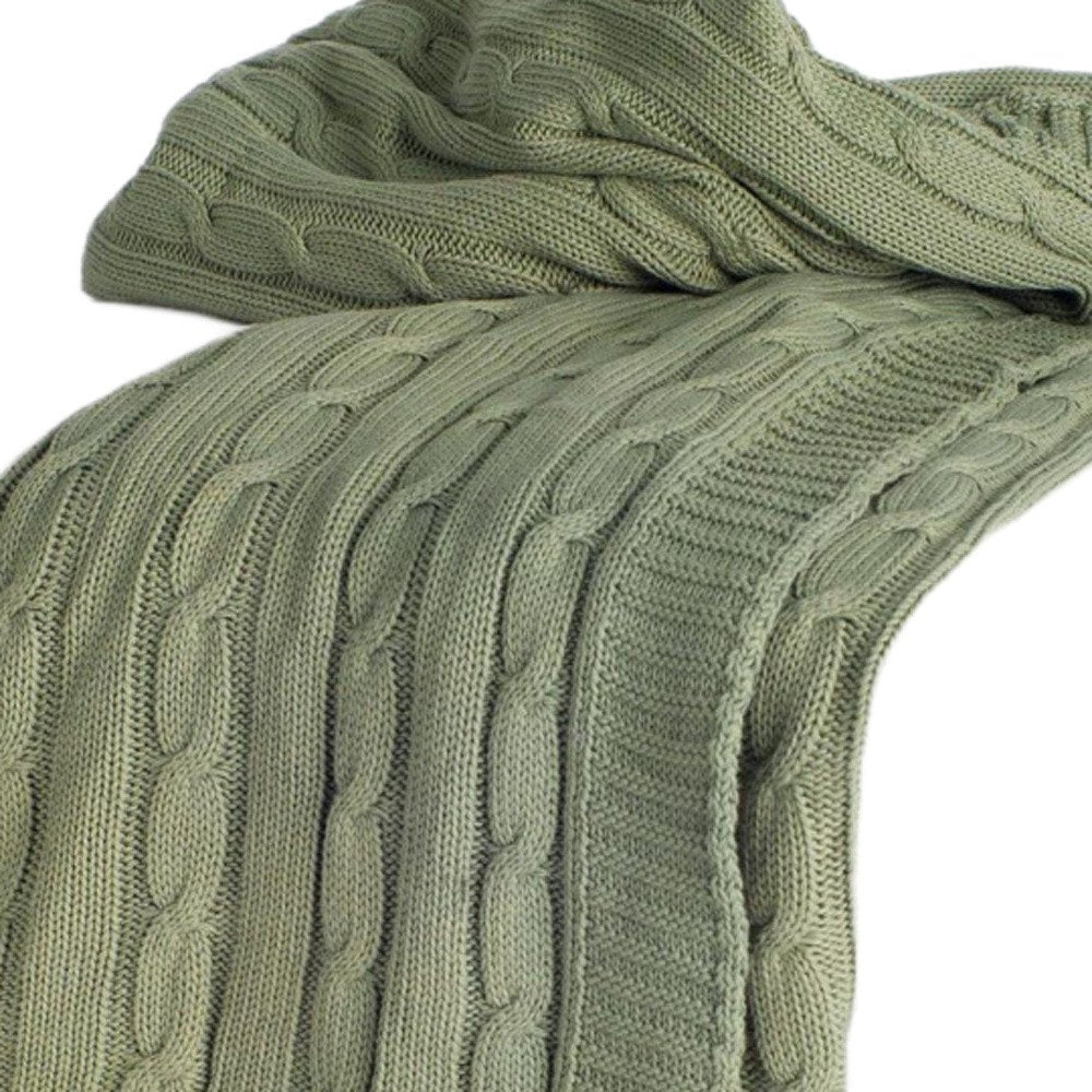 50" X 60" Olive Green Cotton Knitted Striped Throw Blanket — view 2