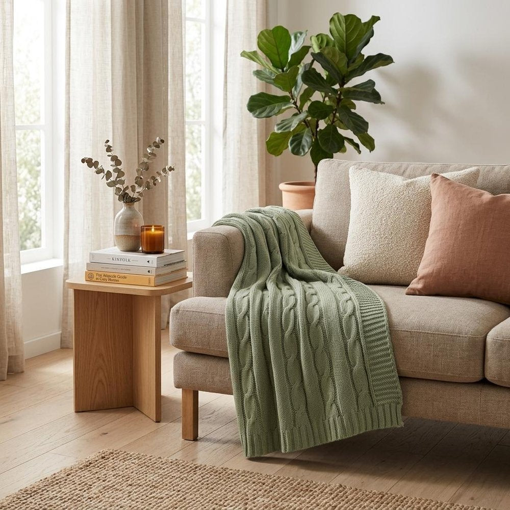 50" X 60" Olive Green Cotton Knitted Striped Throw Blanket — view 5