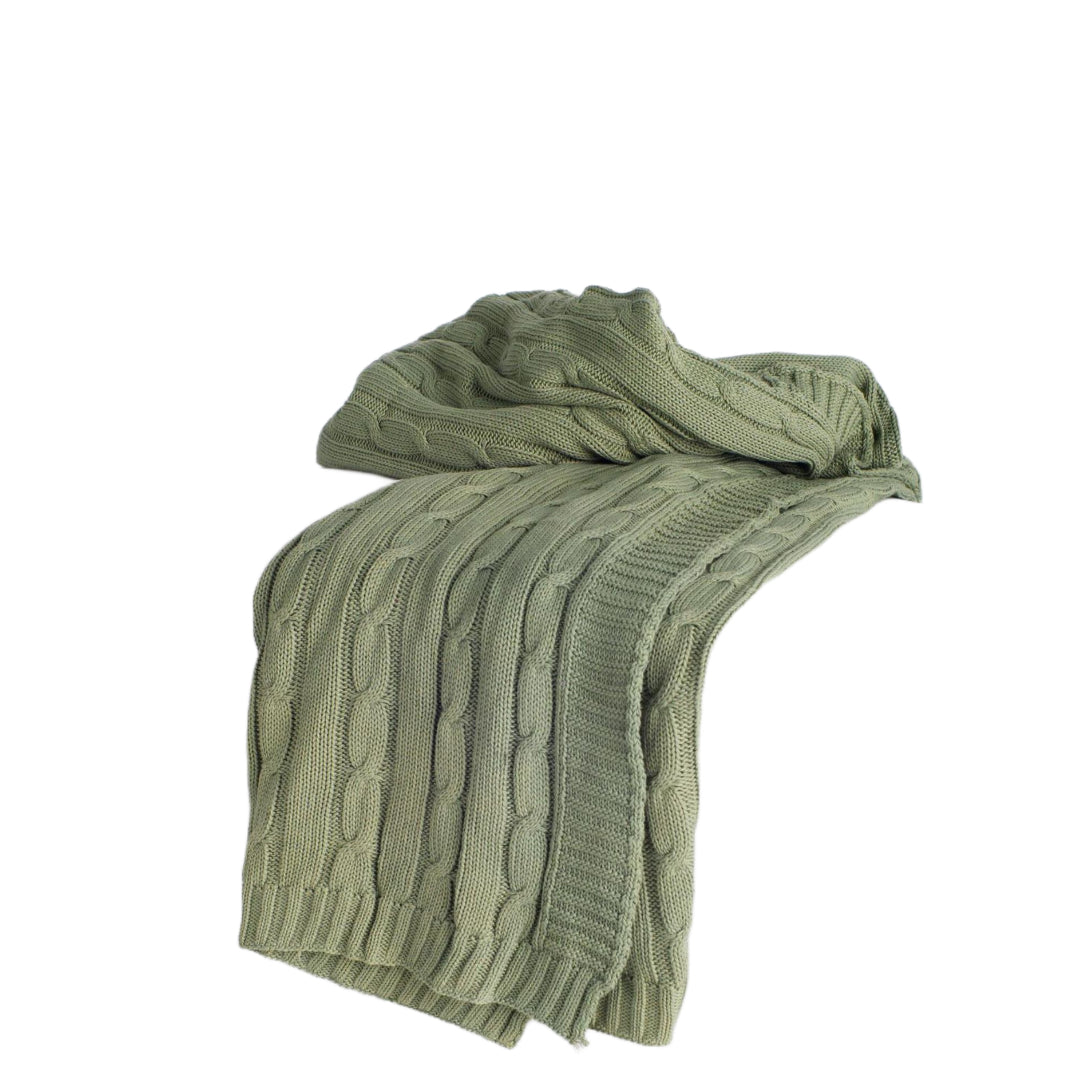 Olive Green Knitted 100% Cotton Throw Blanket