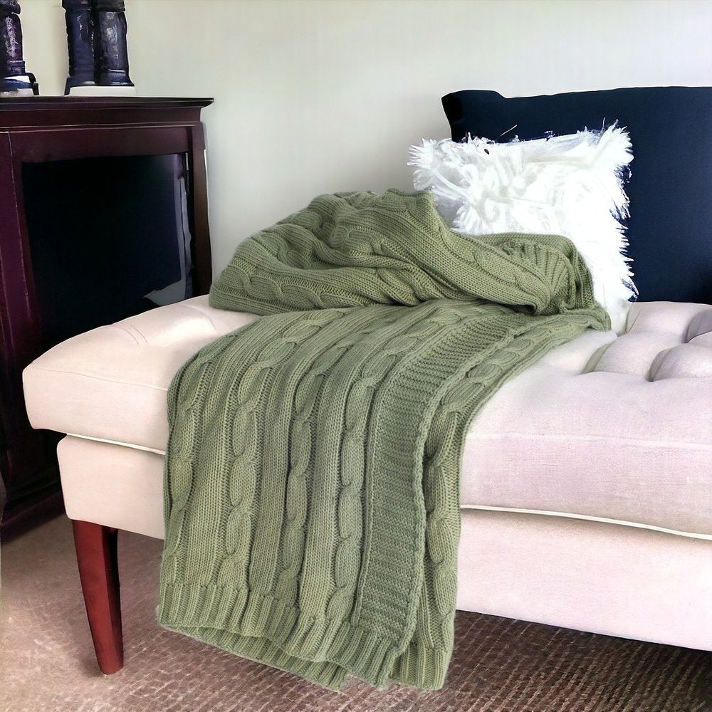 50" X 60" Olive Green Cotton Knitted Striped Throw Blanket HomeRoots