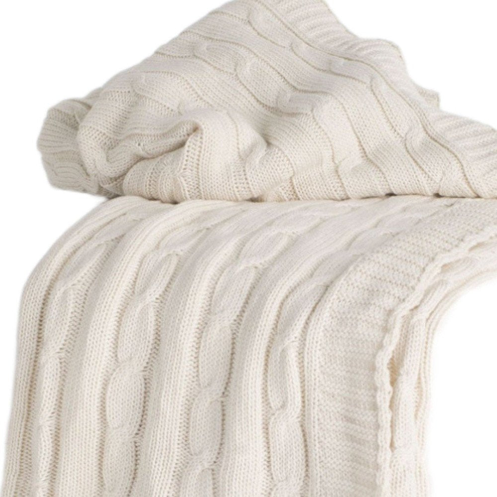 Ivory Knitted 100% Cotton Throw Blanket HomeRoots