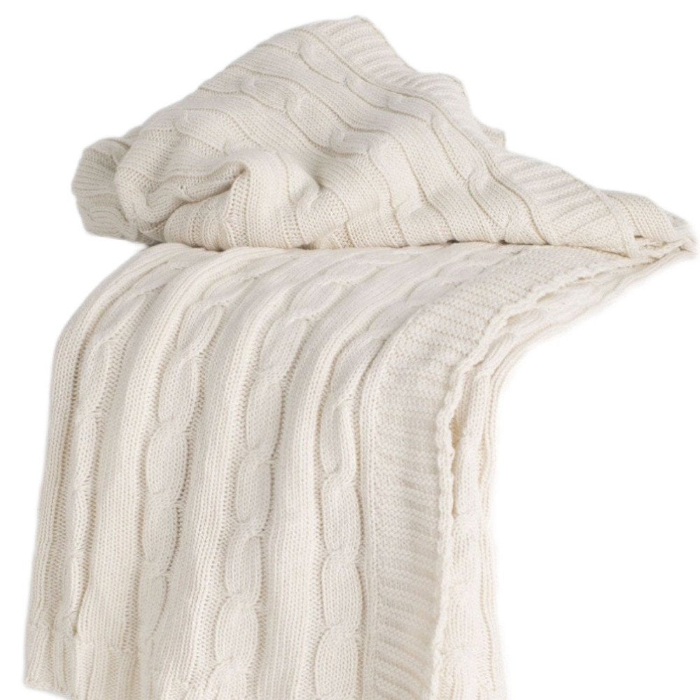 Ivory Knitted 100% Cotton Throw Blanket HomeRoots
