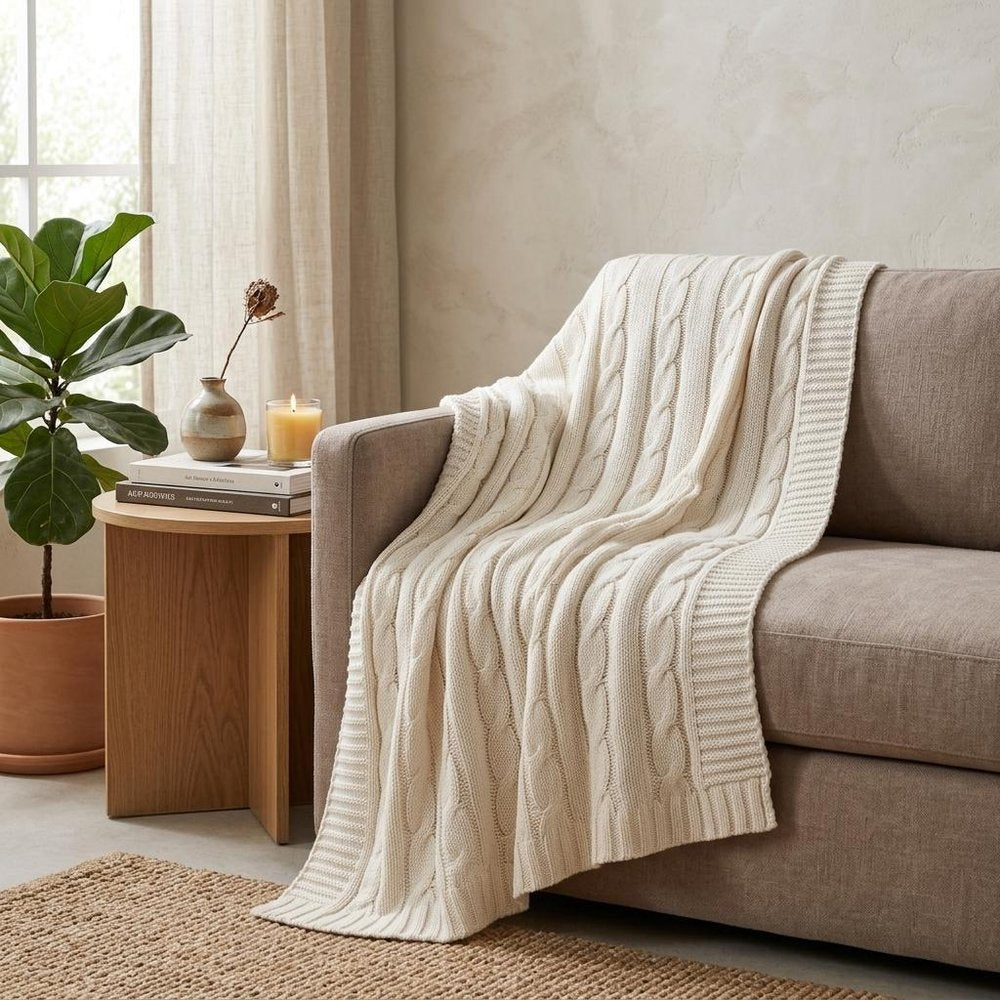 Ivory Knitted 100% Cotton Throw Blanket HomeRoots
