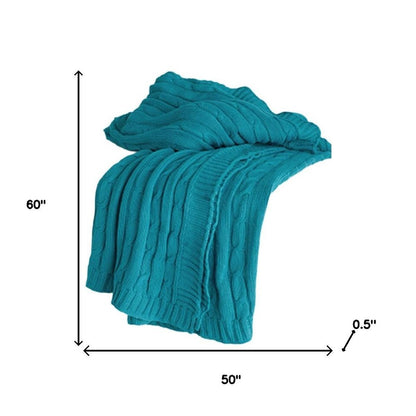 50" X 60" Teal Blue Cotton Cable Knitted Striped Throw Blanket HomeRoots