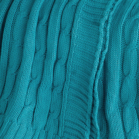 50" X 60" Teal Blue Cotton Cable Knitted Striped Throw Blanket HomeRoots