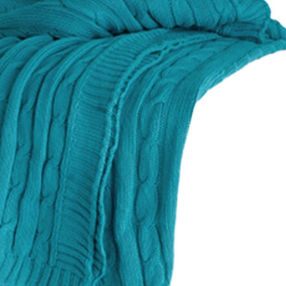 50" X 60" Teal Blue Cotton Cable Knitted Striped Throw Blanket HomeRoots