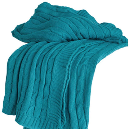 50" X 60" Teal Blue Cotton Cable Knitted Striped Throw Blanket HomeRoots