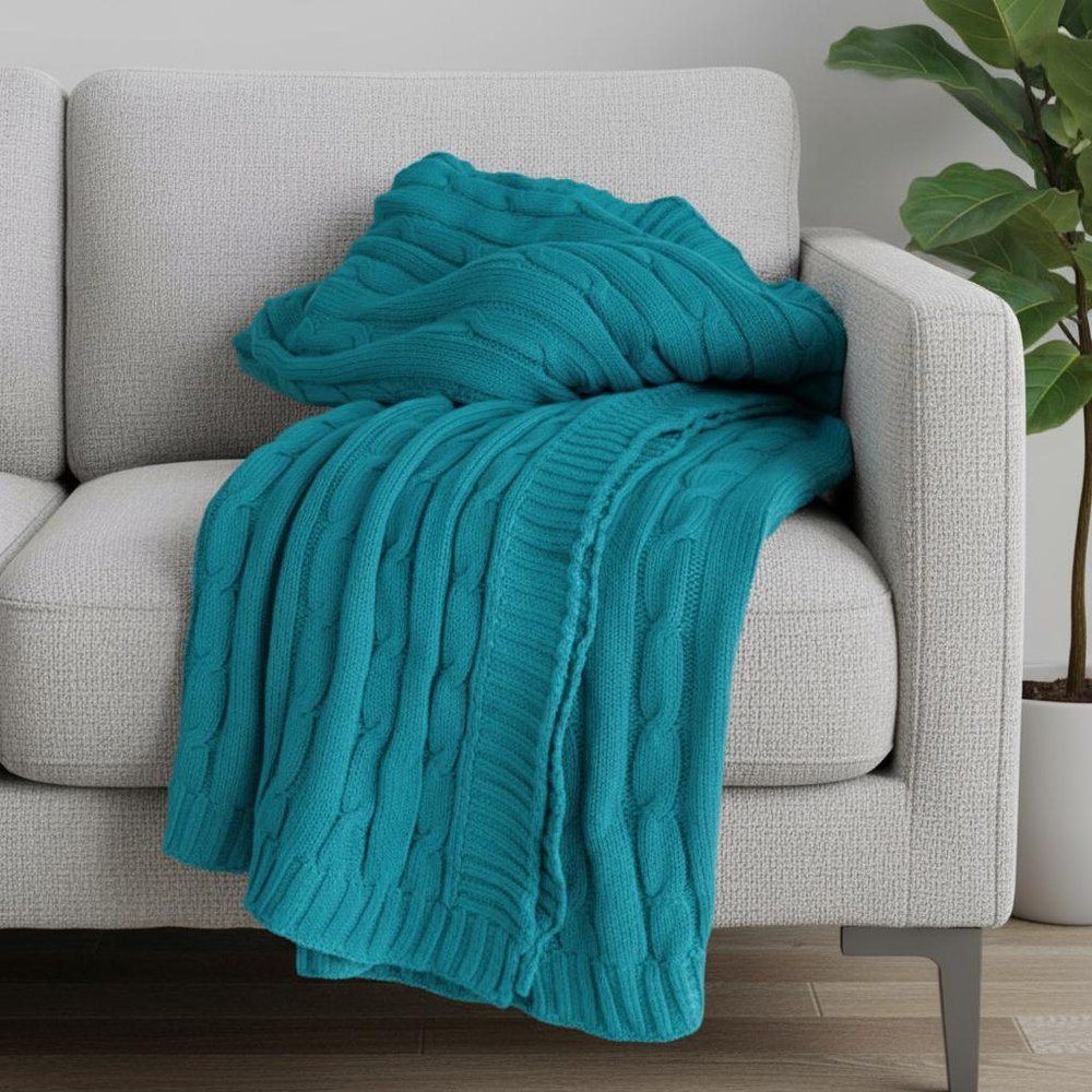 50" X 60" Teal Blue Cotton Cable Knitted Striped Throw Blanket HomeRoots