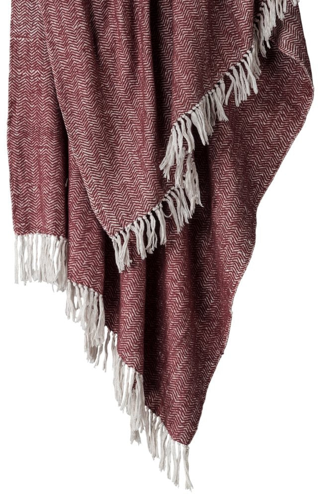50" X 60" Brick Red And White Chevron Cotton Throw Blanket with Fringe HomeRoots