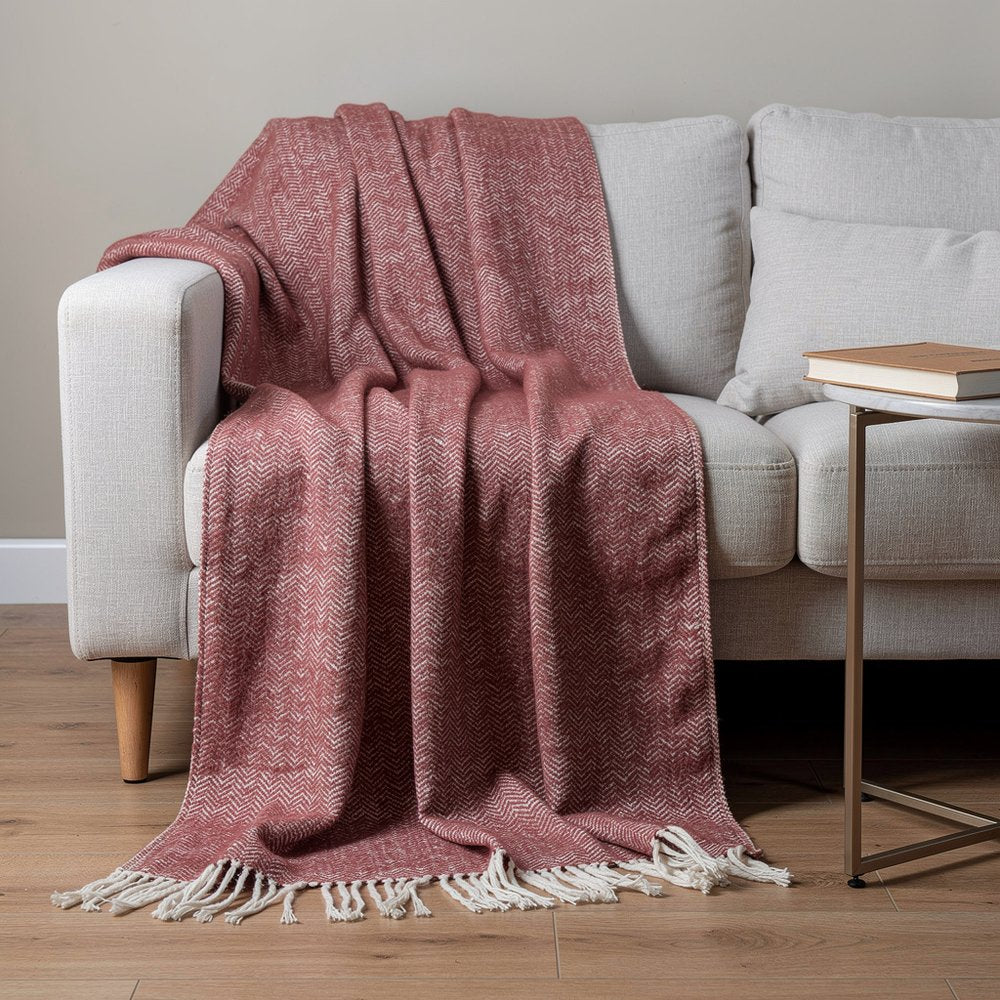 50" X 60" Brick Red And White Chevron Cotton Throw Blanket with Fringe HomeRoots