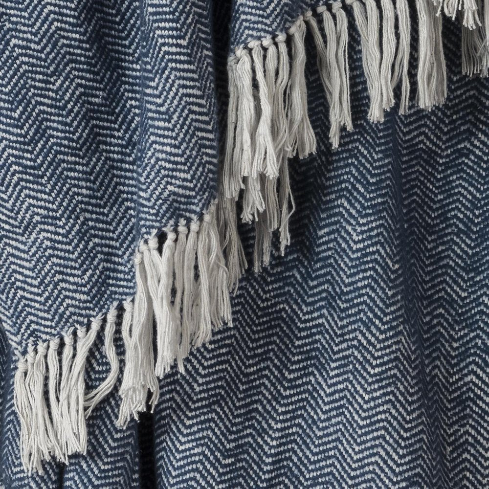 50" X 60" Navy Blue And White Chevron Cotton Throw Blanket with Fringe HomeRoots