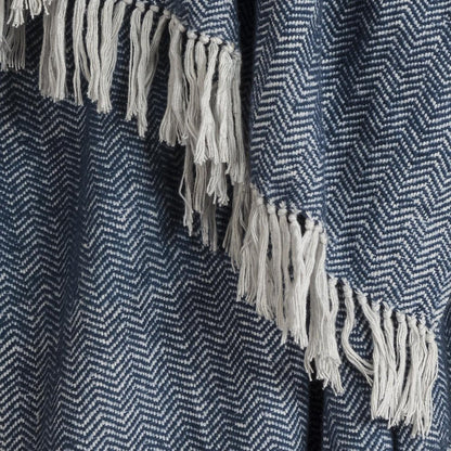 50" X 60" Navy Blue And White Chevron Cotton Throw Blanket with Fringe HomeRoots