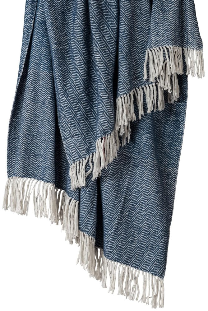 50" X 60" Navy Blue And White Chevron Cotton Throw Blanket with Fringe HomeRoots