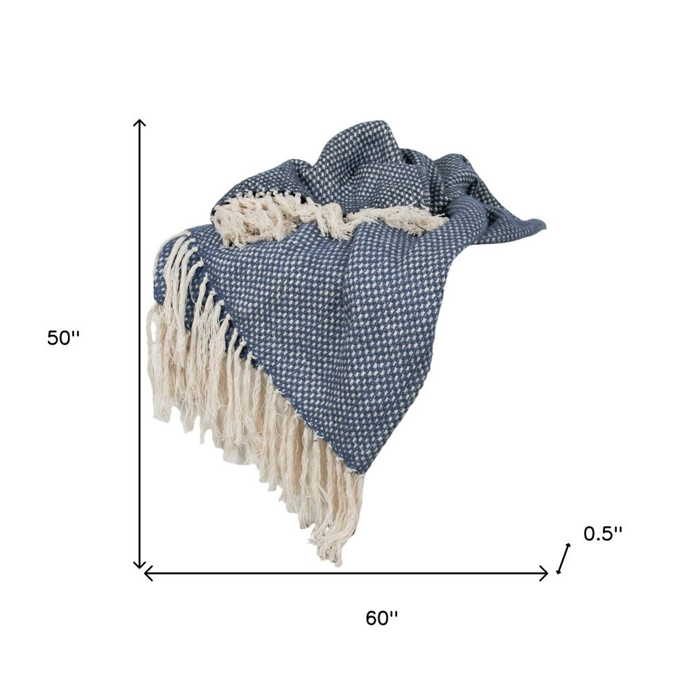 50" X 60" Navy and Ivory Woven Cotton Polka Dots Throw Blanket with Tassels HomeRoots