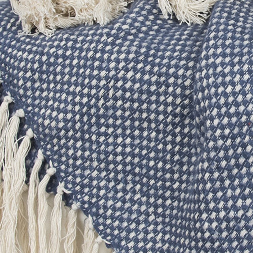 50" X 60" Navy and Ivory Woven Cotton Polka Dots Throw Blanket with Tassels HomeRoots