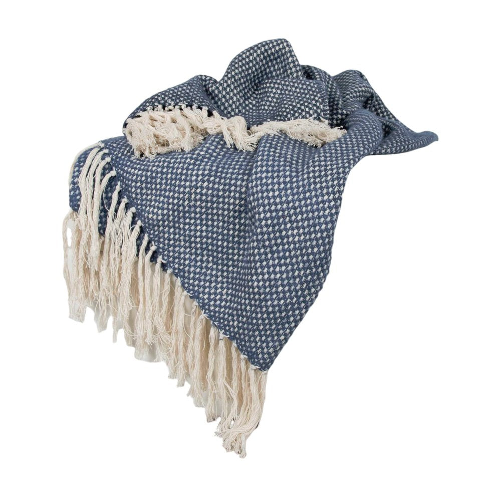 50" X 60" Navy and Ivory Woven Cotton Polka Dots Throw Blanket with Tassels HomeRoots