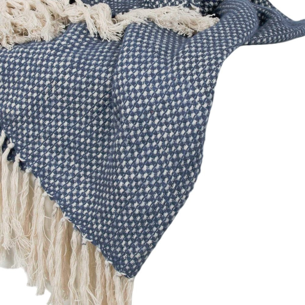 50" X 60" Navy and Ivory Woven Cotton Polka Dots Throw Blanket with Tassels HomeRoots
