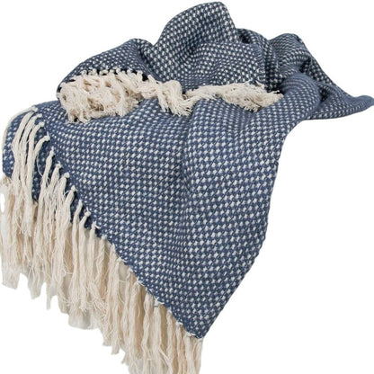 50" X 60" Navy and Ivory Woven Cotton Polka Dots Throw Blanket with Tassels HomeRoots