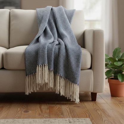 50" X 60" Navy and Ivory Woven Cotton Polka Dots Throw Blanket with Tassels HomeRoots