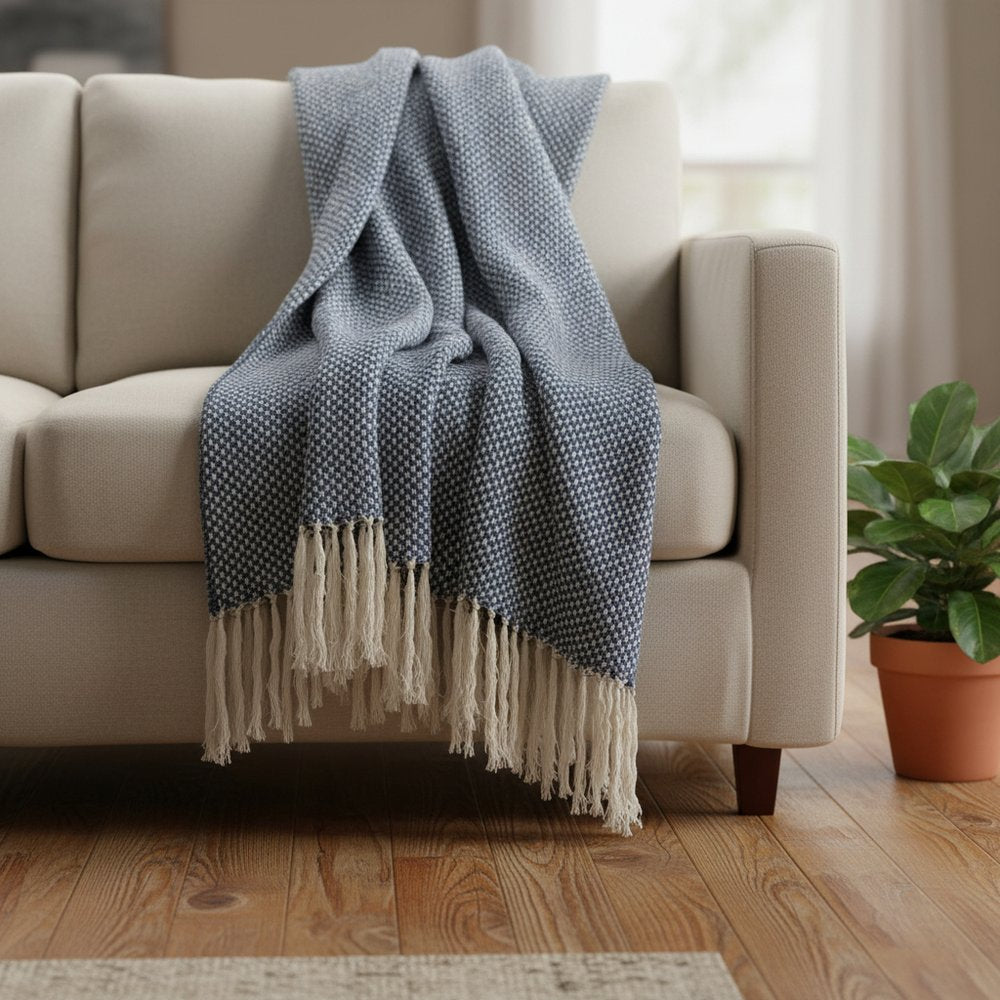 50" X 60" Navy and Ivory Woven Cotton Polka Dots Throw Blanket with Tassels HomeRoots