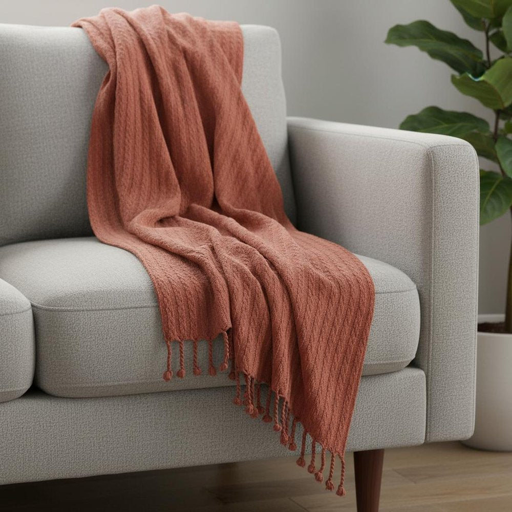 50" X 60" Burnt Orange Cotton Knitted Striped Throw Blanket with Tassels HomeRoots