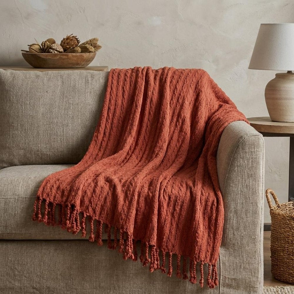 50" X 60" Burnt Orange Cotton Knitted Striped Throw Blanket with Tassels — view 7