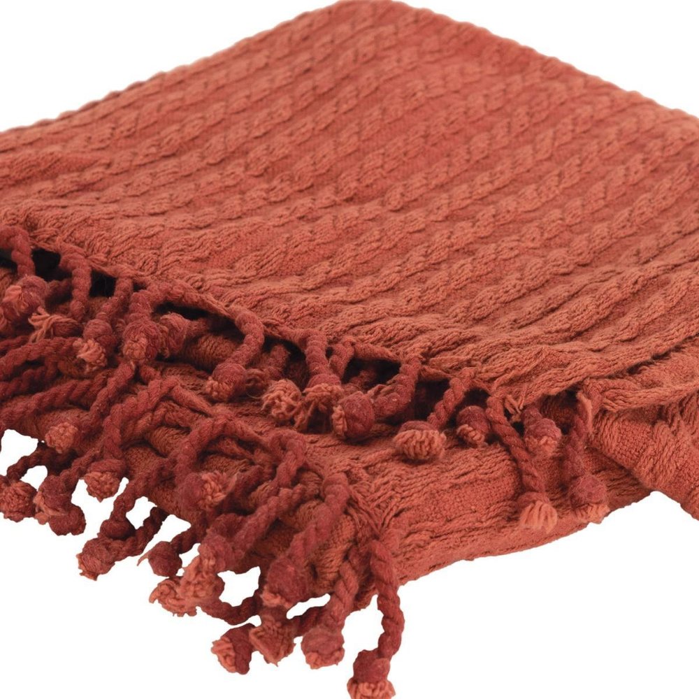 50" X 60" Burnt Orange Cotton Knitted Striped Throw Blanket with Tassels — view 8