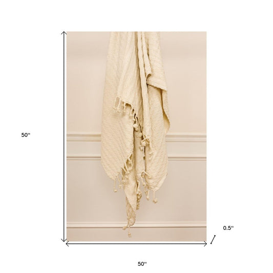 Ivory Knitted 100% Cotton Throw Blanket HomeRoots