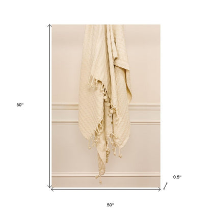 Ivory Knitted 100% Cotton Throw Blanket HomeRoots