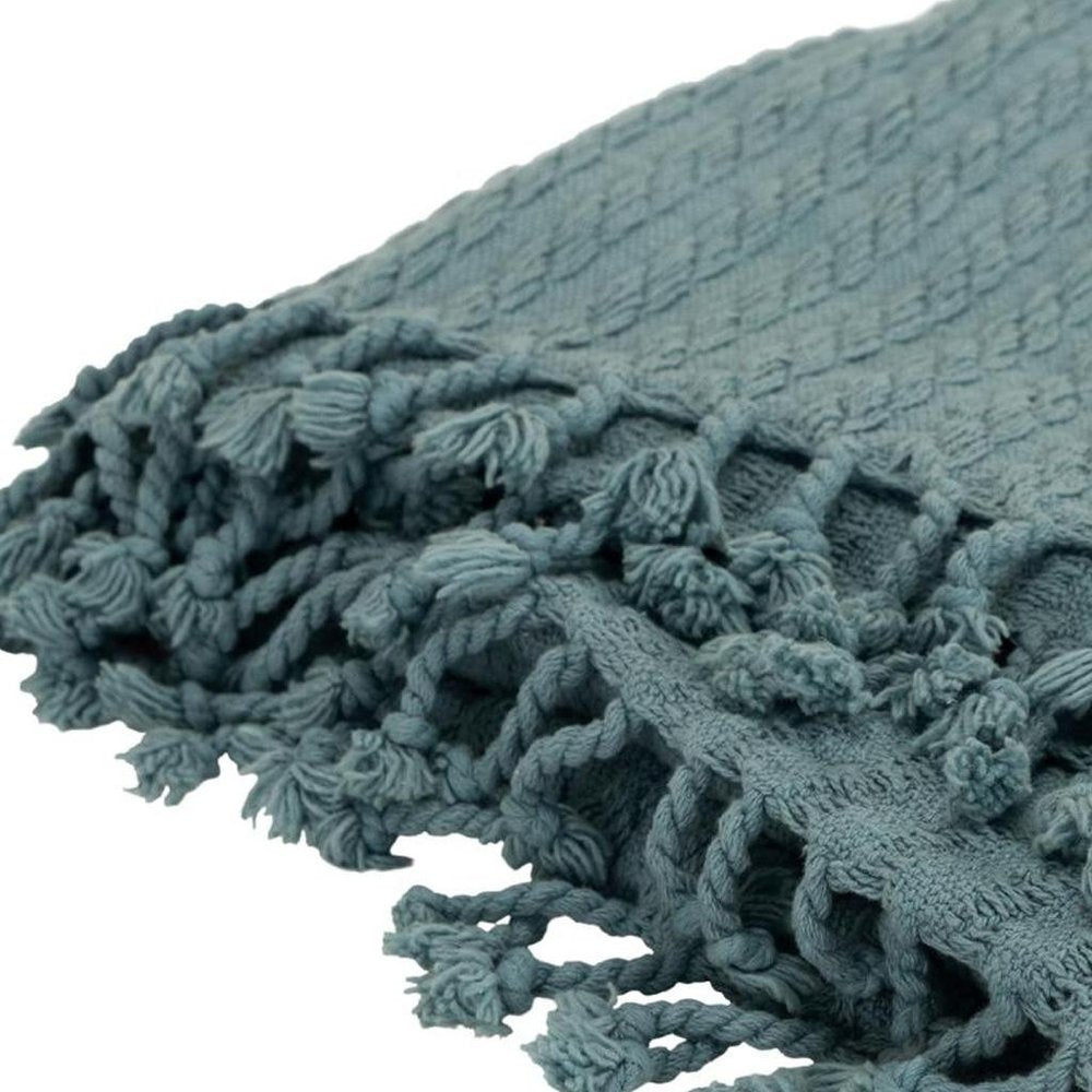 50" X 60" Teal Cotton Cable Knit Throw Blanket with Tassels HomeRoots
