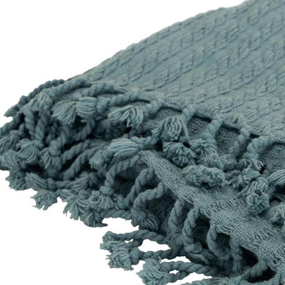 50" X 60" Teal Cotton Cable Knit Throw Blanket with Tassels HomeRoots