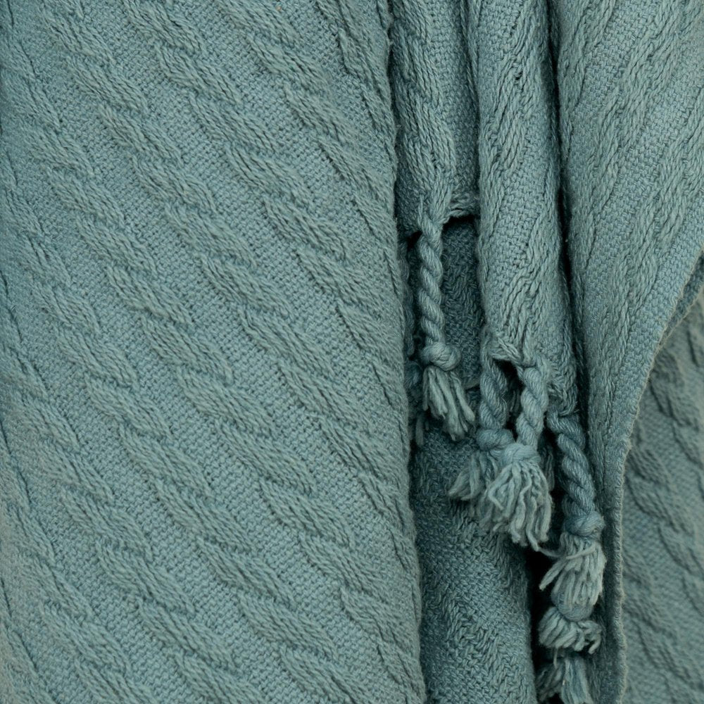 50" X 60" Teal Cotton Cable Knit Throw Blanket with Tassels HomeRoots