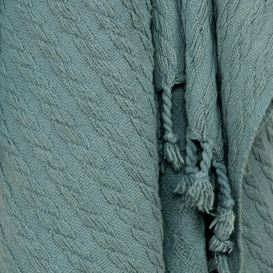 50" X 60" Teal Cotton Cable Knit Throw Blanket with Tassels HomeRoots