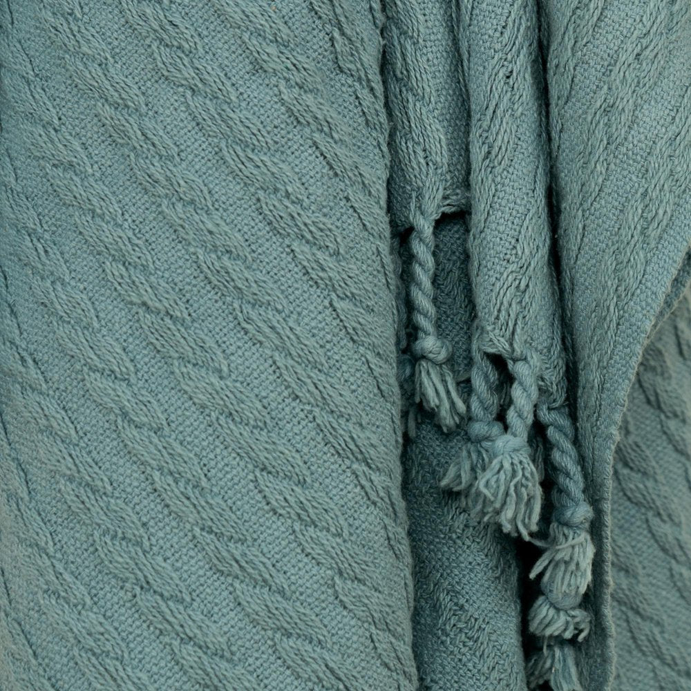 50" X 60" Teal Cotton Cable Knit Throw Blanket with Tassels HomeRoots