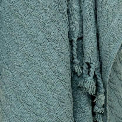 50" X 60" Teal Cotton Cable Knit Throw Blanket with Tassels HomeRoots