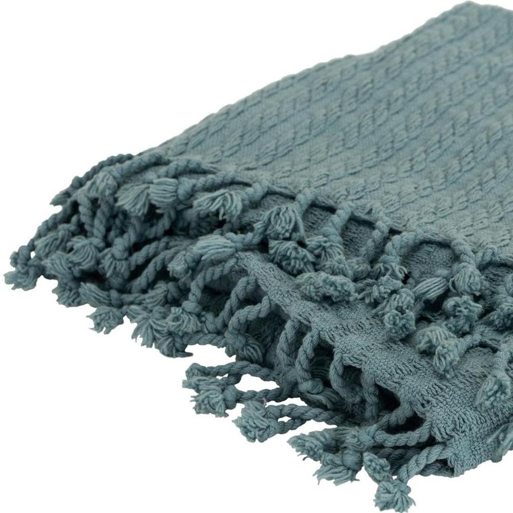 50" X 60" Teal Cotton Cable Knit Throw Blanket with Tassels HomeRoots