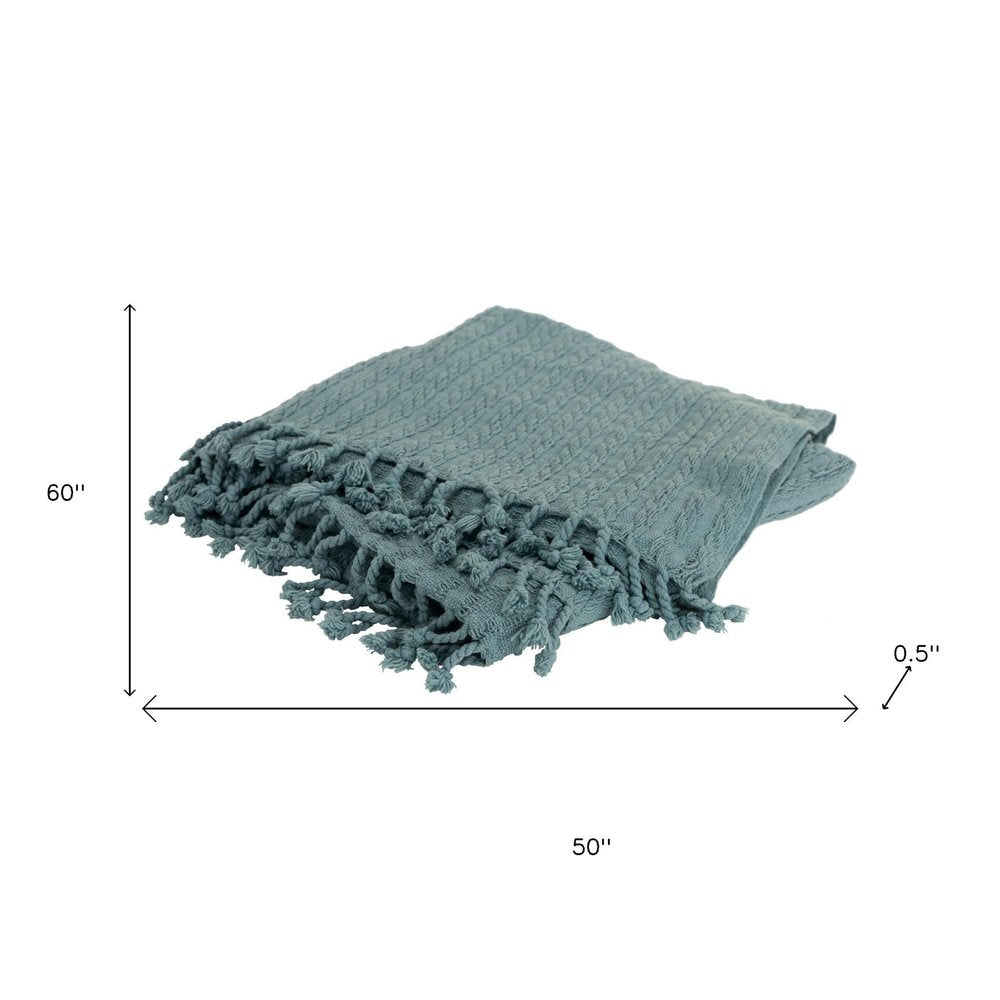 50" X 60" Teal Cotton Cable Knit Throw Blanket with Tassels HomeRoots