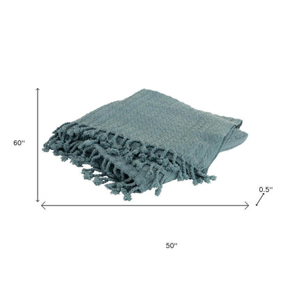 50" X 60" Teal Cotton Cable Knit Throw Blanket with Tassels HomeRoots