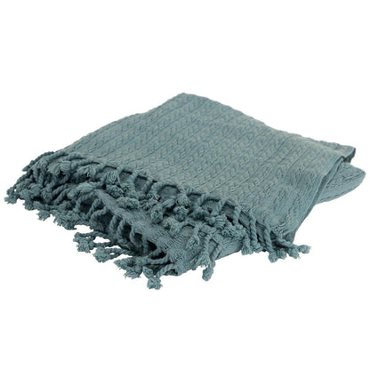 50" X 60" Teal Cotton Cable Knit Throw Blanket with Tassels HomeRoots