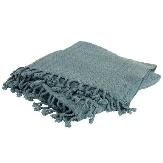 50" X 60" Teal Cotton Cable Knit Throw Blanket with Tassels HomeRoots