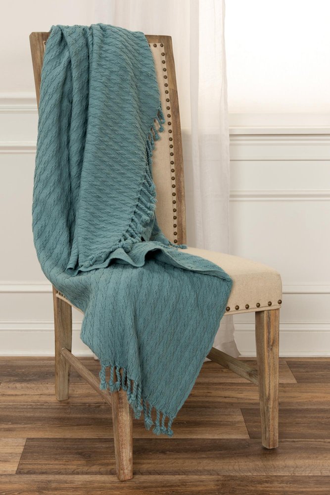 50" X 60" Teal Cotton Cable Knit Throw Blanket with Tassels — view 3