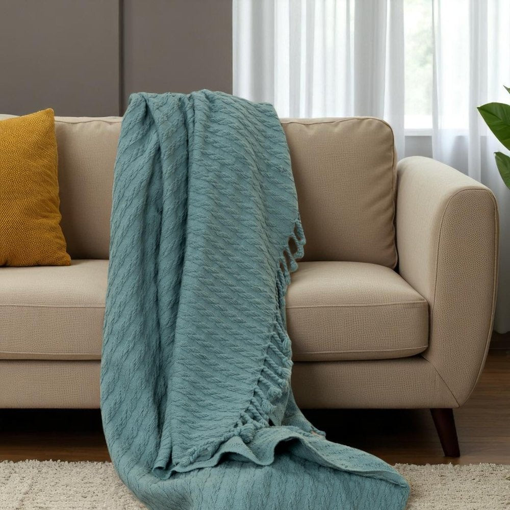 50" X 60" Teal Cotton Cable Knit Throw Blanket with Tassels HomeRoots