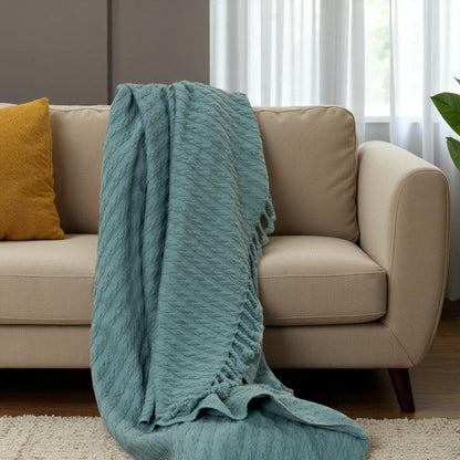 50" X 60" Teal Cotton Cable Knit Throw Blanket with Tassels HomeRoots