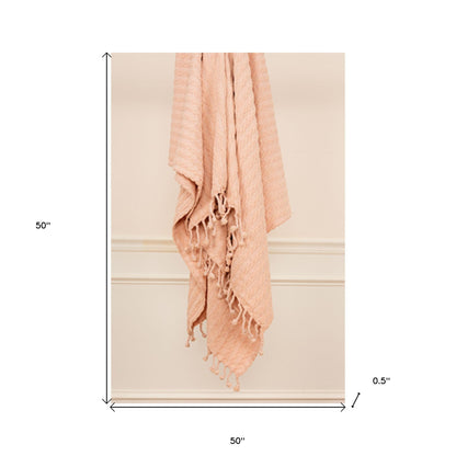 Blush Knitted Throw Blanket with Fringe