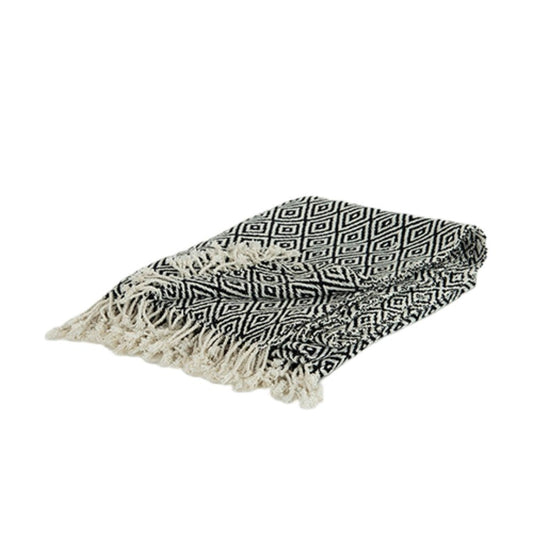 50" X 60" Black And White Cotton Chevron Throw Blanket with Tassels HomeRoots